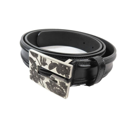 Gucci Square Flower Buckle Belt Leather Memorable Eyelet Black Silver