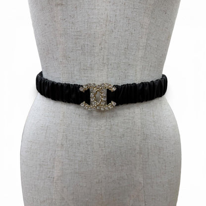 Chanel 21c CC Logo Rhinestone Leather Rubber Belt Black Gold